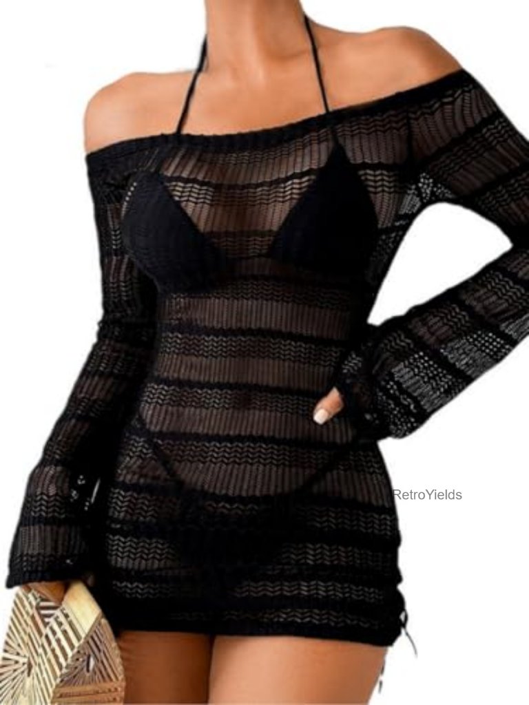 Crochet Swimsuit Cover Up Dress Off Shoulder Long Sleeve Sheer Knit Beach Mini